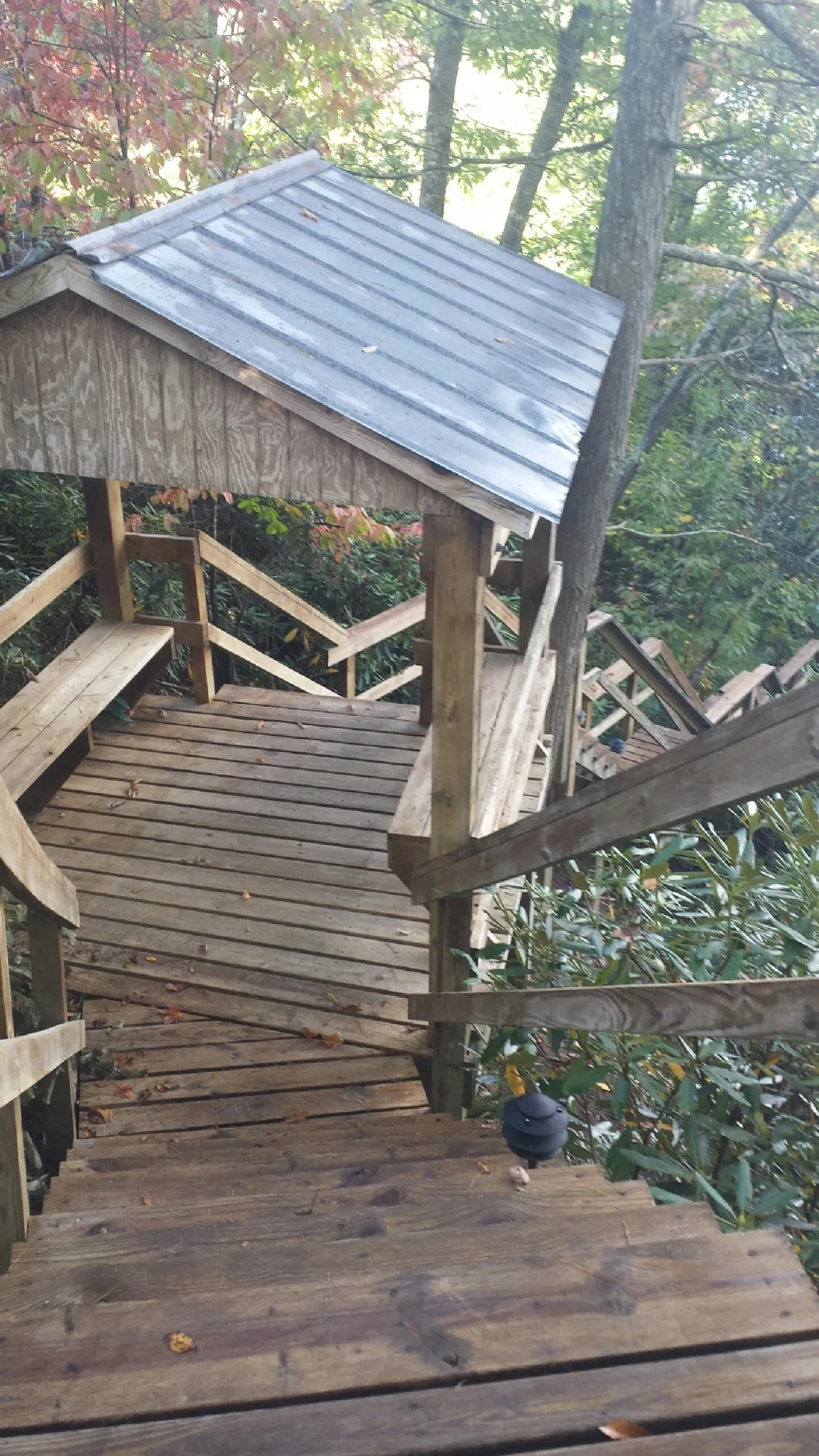 Metal roofed shelter over wooden steps on a wooded walkway — Skylight Repair & Installation work by our crew in Saint Helena